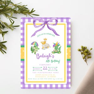 Preppy Mardi Gras Birthday Invitation Template for Girl, Gingham Mardi Gras Birthday Invitation, Mardi Gras Birthday Invite with Purple Bow