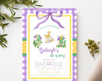 May include: A purple and white gingham birthday invitation with a purple bow at the top. The invitation features watercolor illustrations of a pelican and two alligators. Text includes "Join us to celebrate" and "Baleigh's 4th Birthday!"