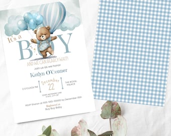 Bär-Babyparty-Einladungsvorlage: Blaues Ballon-Motiv (Digitaler Download)
