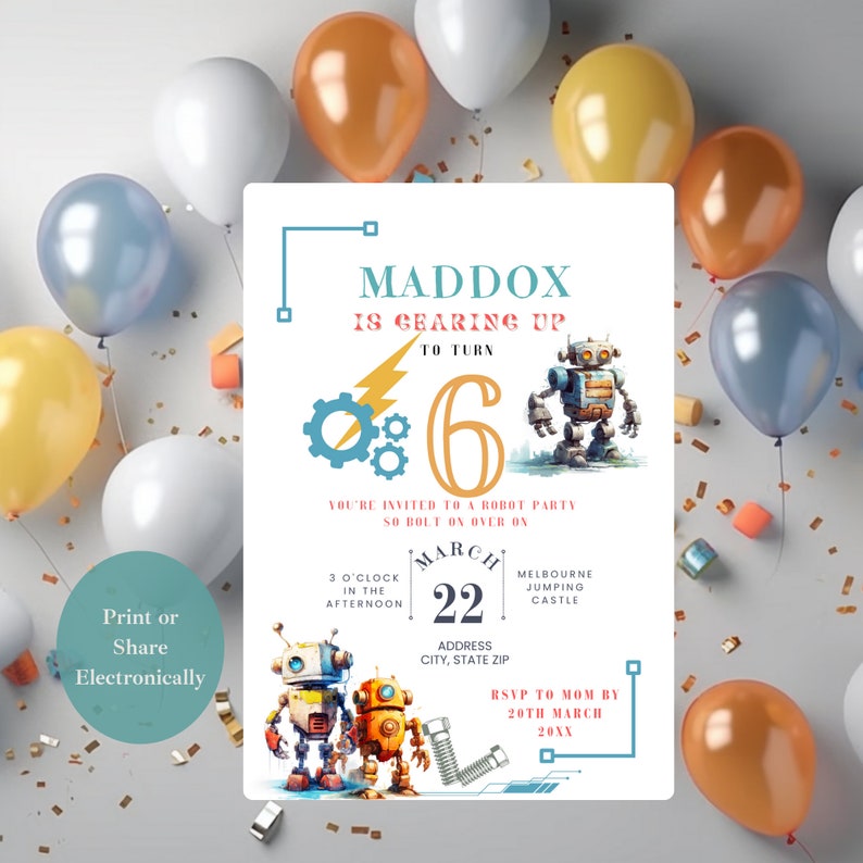 Robot Birthday Invitation, Vintage Robot Template, Bolt-on Over Robot ...