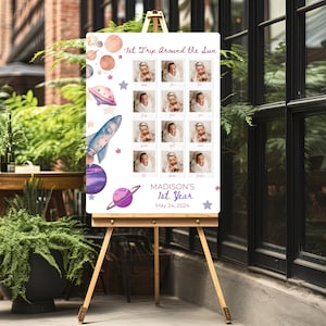 Cartello fotografico per bambina con pietra miliare del primo viaggio intorno al sole, poster di compleanno nello spazio con foto mensili per bambina, cartello con razzo per bambina