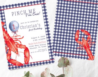 May include: Two invitations for a first birthday celebration. The invitations feature a red lobster illustration and blue gingham pattern. The text reads "Pinch Me I'm One!" and includes event details.