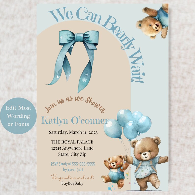 Bear Baby Shower Invitation Template, Blue & Nude Bear Theme Baby
