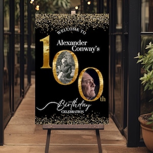 100th Birthday Photo Welcome Sign, Black & Gold Party Welcome Poster for 100th Birthday, 100th Birthday Picture Sign, Instant Download