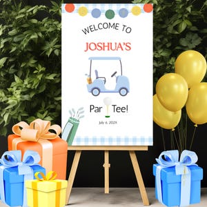 Geburtstags-Willkommensschild für kleinen Jungen, Adrettes blaues Gingham Golf Cart Party Schild für Jungen, benutzerdefiniertes Golf-Geburtstags-Par-Tee-Poster