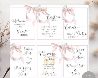 She&#39;s Tying the Knot Bridal Shower Table Signs Pack, Pink Bow Custom Bridal Shower Sign, Editable Bridal Shower Sign with Ring & Bow