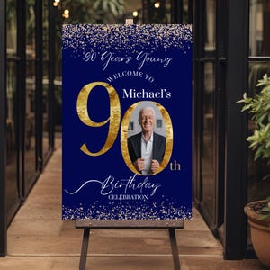 90th Birthday Photo Welcome Sign Template, Navy & Gold Party Welcome ...