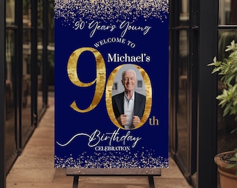 90th Birthday Photo Welcome Sign Template, Navy & Gold Party Welcome Poster for 90th Birthday, 90th Birthday Picture Sign, Instant Download