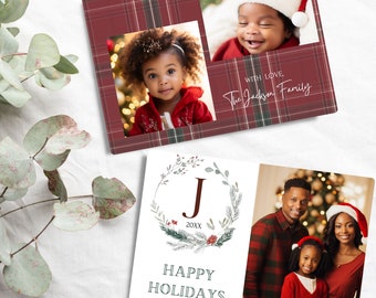 Tartan Plaid Family Photo Christmas Card: Initial Monogram (Digital Download)