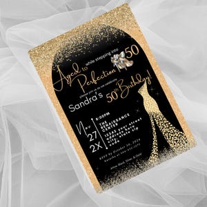 May include: A black and gold invitation with glitter and a silhouette of a woman in a dress. The text reads "Aged to Perfection 50 Sandra's 50th Birthday!"  The invitation is for a party on 27th November at 8:00 PM at The Renaissance Centre. RSVP by 30th October.