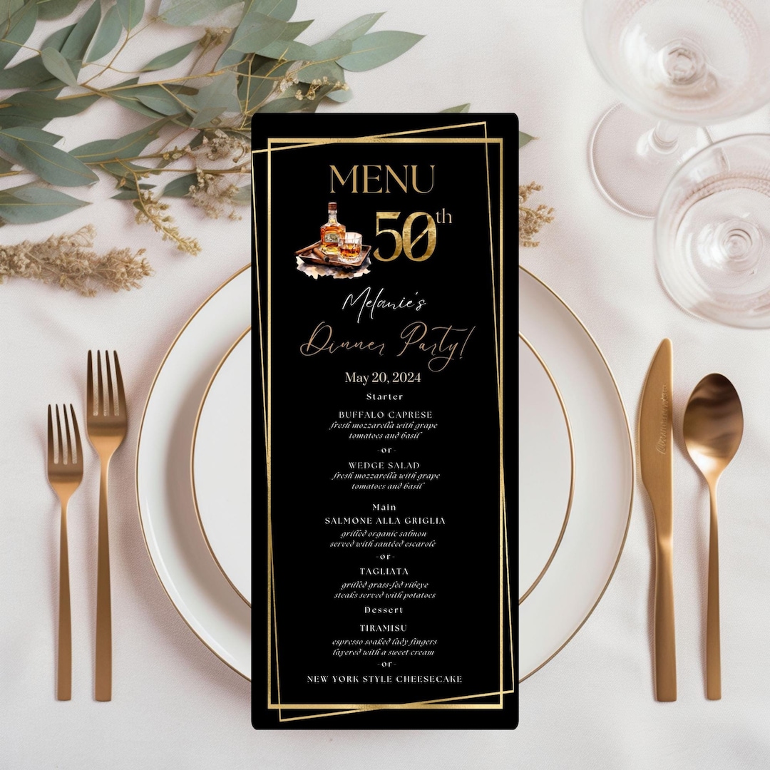 50th Cigar Bourbon Dinner Menu Template, Black and Gold 50th