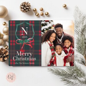 Weihnachtskarte mit Schleife, rot und grün karierte Weihnachtsfotokarte, doppelseitige karierte Weihnachtskarten-Vorlage