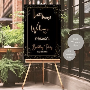 Let&#39;s Party Black & Gold Birthday Welcome Sign, Black Gold Party Welcome Sign Template, Printable Party Entry Sign Template 20x30