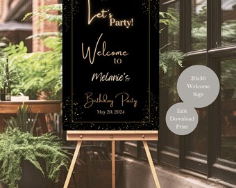 Letrero de bienvenida de cumpleaños en negro y dorado: Decoración personalizable para fiestas (20 x 30, descarga digital)