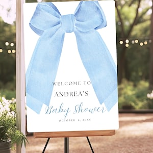 Powder Blue Bow Baby Shower Welcome Sign Template, Watercolor Blue Bow Baby Shower Sign, Preppy Baby Shower Poster for Boy with Blue Bow