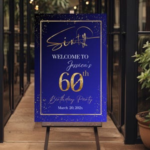 Royal Blue & Gold 60th Birthday Welcome Sign, Blue Party Welcome Poster,60th Birthday Welcome Sign Template, Ombre Party Entry Sign Template