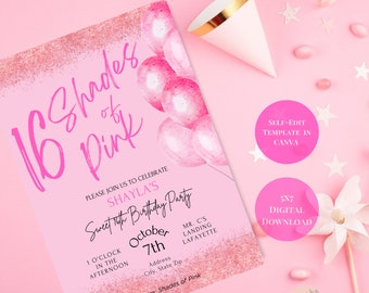 Pink Glitter Sweet 16 Invitation Template (Digital Download)