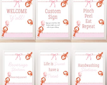 May include: Set of six framed signs with a pink and white theme. Each sign features a watercolor crawfish illustration, pink bow, and text such as "Welcome Y'all!" and "Pinch Peel Eat Repeat."