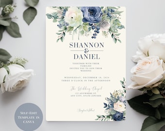 Blue Floral Wedding Invitation: Navy & Ivory (Instant Download)