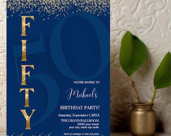 May include: A blue and gold birthday party invitation with gold glitter confetti. The invitation says "You're invited to Michaels Birthday Party!" with the date, location, and RSVP information.