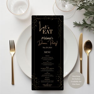 Schwarz & Gold-Abendmenü-Vorlage, Schwarz-Gold-Geburtstags-Abendessen-Menü zum Ausdrucken, elegantes Schwarz-Gold-Speisekarte für jeden Anlass