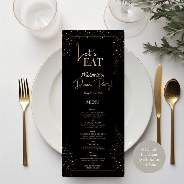 Black and Gold Wedding Menu Template, Black and Gold Birthday Dinner Menu, Printable Black Tie Event Menu, Elegant Black & Gold Food Menu