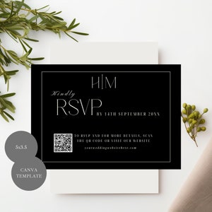 Modernes schwarzes Monogramm QR-Code Hochzeit Antwortkartenvorlage, schwarz-weiße Hochzeit Antwortkarte, schwarz-weiße Hochzeit Antwortkarte, schwarzer Strichcode Rsvp druckbare Karte