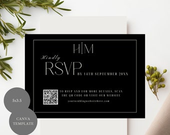 Schwarzes Monogramm QR-Code Hochzeit Antwortkartenvorlage (Canva)