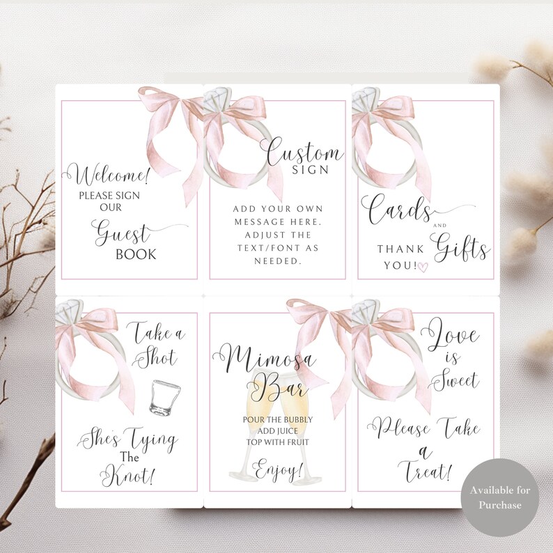 May include: Set of 6 printable bridal shower signs with pink and white watercolor rings and text. The signs include: Welcome, Guest Book, Custom Sign, Cards and Gifts, Take a Shot, Shes Tying the Knot, Mimosa Bar, Love is Sweet, Please Take a Treat.
