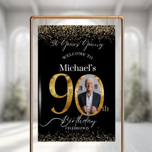 90th Birthday Photo Welcome Sign Template, Black & Gold Party Welcome Poster for 90th Birthday, 90th Birthday Picture Sign, Instant Download