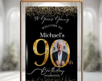 90th Birthday Photo Welcome Sign Template, Black & Gold Party Welcome Poster for 90th Birthday, 90th Birthday Picture Sign, Instant Download