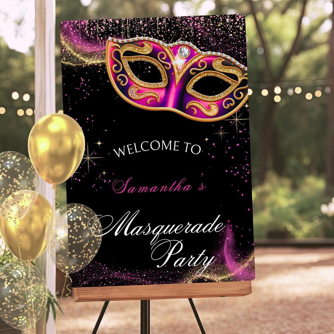 Masquerade Party Welcome Sign: Black Pink and Gold Mask (canva Template ...
