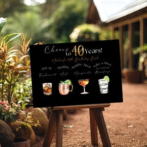 Carte des boissons modifiable vieillie jusqu'à la perfection, enseigne noire et dorée sur la carte des 40e boissons, enseigne de bar à boissons signature pour 40e anniversaire