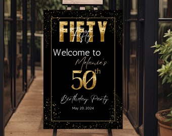50th Birthday Welcome Sign: Black & Gold Party Decor (Canva Template - Digital Download)