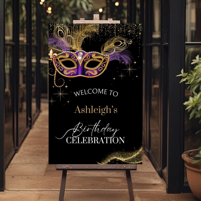Editable Masquerade Party Welcome Sign: Purple, Gold & Black (digital ...