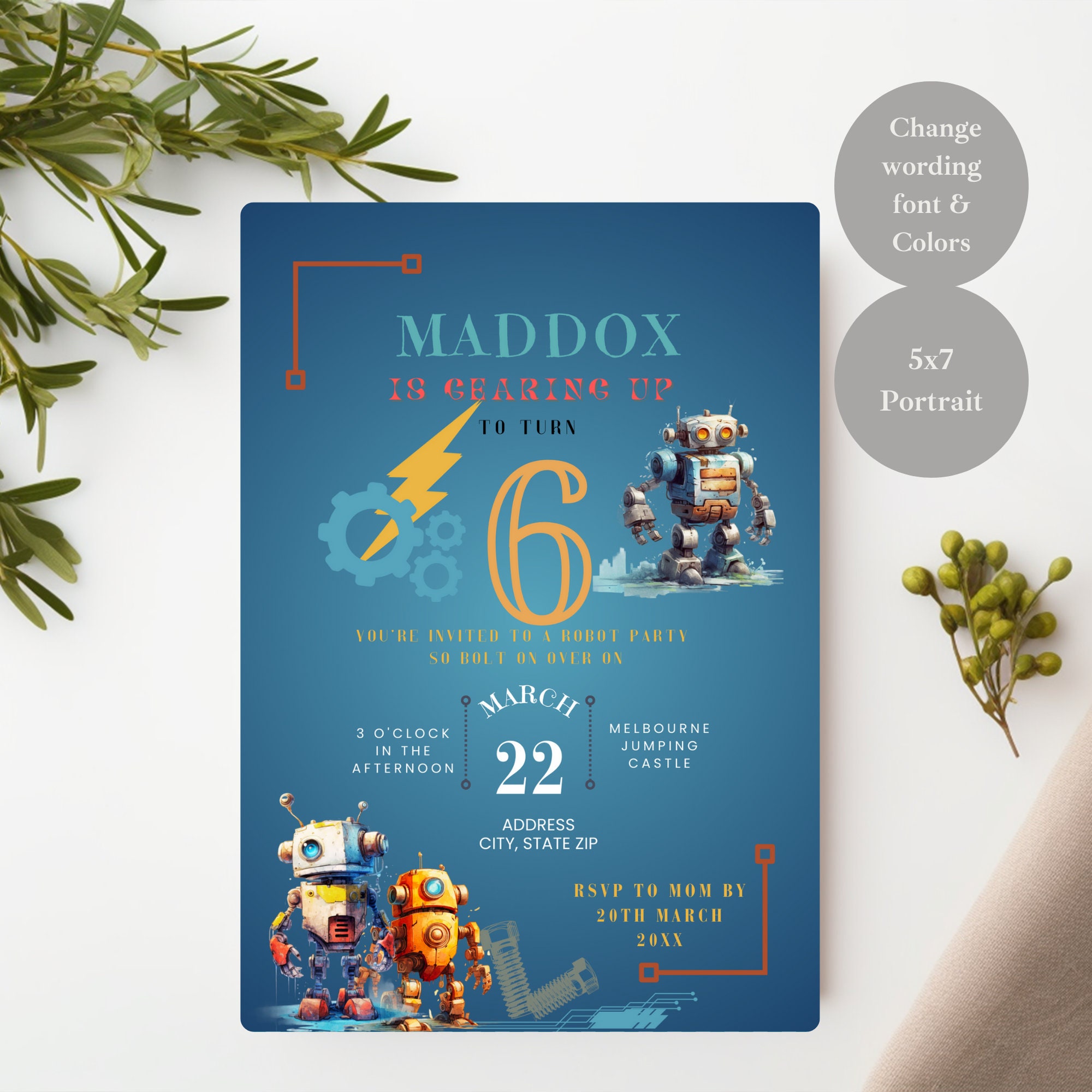 Robot Birthday Invitation, Vintage Robot Template, Bolt-on Over Robot Invite, Printable Science ...