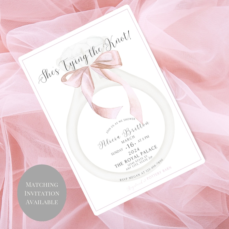 May include: A white and pink watercolor illustration of a ring with a bow on top. The text "She's Tying the Knot!" is at the top of the invitation. The invitation is for a bridal shower for Alicia Britton on March 16th, 2024 at 5 PM at The Royal Palace. The RSVP information is at the bottom of the invitation.
