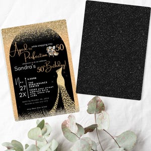 May include: Gold glitter invitation with a black background for a 50th birthday party. The invitation features a silhouette of a woman in a gown with gold glitter accents. The text reads "Aged to Perfection 50" and "Sandra's 50th Birthday!"