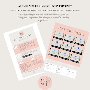 May include: A pink and white printable stationery design guide with instructions on how to access, edit, and print the design. The guide includes a list of how-to videos with titles like "How to change the background and grid" and "How to add your own text".