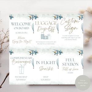 Airplane Baby Shower Table Signs, Hot Air Balloon Travel Baby Shower Signs, The Adventure Awaits Blue Printable Shower Table Signs
