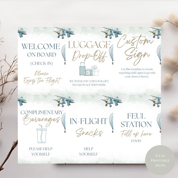 Airplane Baby Shower Table Signs, Hot Air Balloon Travel Baby Shower Signs, The Adventure Awaits Blue Printable Shower Table Signs
