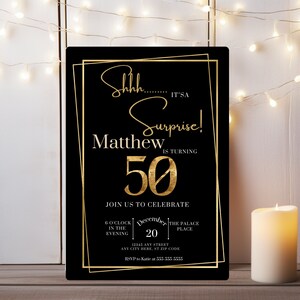 Editable 50th Birthday Invitation Template: Black and Gold Surprise Party (Canva, Digital Download)