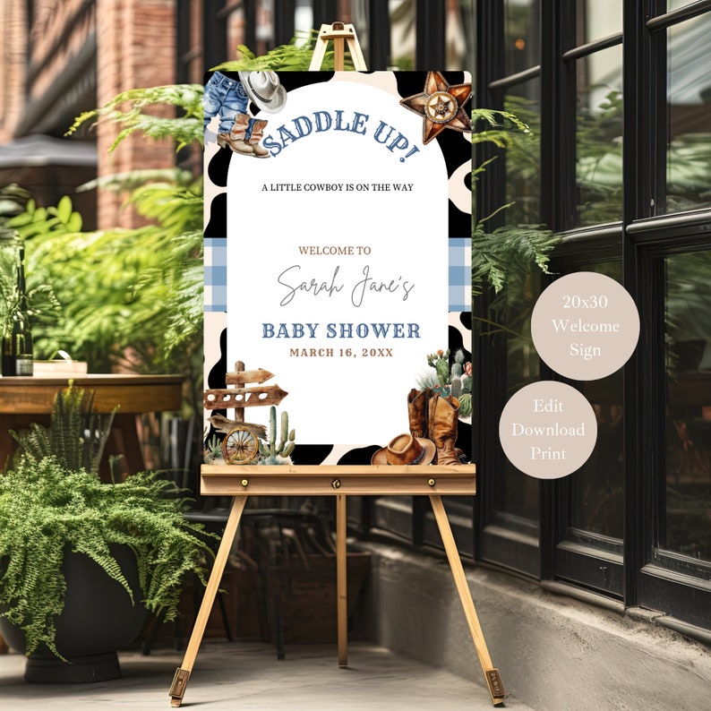 Saddle up Cow Print Baby Shower Sign, Little Cowboy Shower Sign