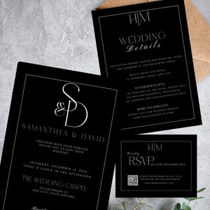 Zwart-wit modern monogram minimalistische mini-huwelijksuitnodiging sjabloonsuite, zwarte eerste bruiloftsuitnodiging, RSVP-kaart en detailkaart