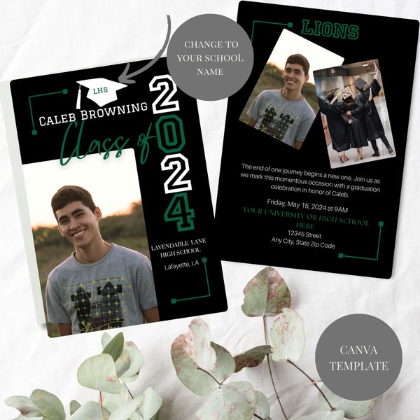 Black Green White Grad Announcement, High School Graduation Invite, Two-sided Photo Grad Invitation, Editable Cap Colors & School Letters