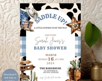 May include: A baby shower invitation featuring a cow print background. The invitation reads "Saddle Up! A Little Cowboy is on the Way." It also states "Join us for Sarah Jane's Baby Shower" and includes the date, time, and location of the event.