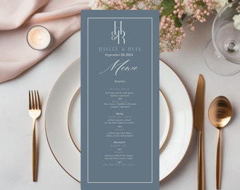 Dusty Blue Monogram Wedding Menu Template: Minimalist Printable (Digital Download)