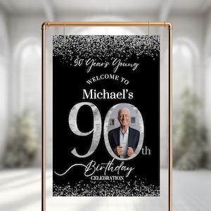 90th Birthday Welcome Sign with Picture, Black & Silver 90th Party Welcome Poster, Custom 90th Birthday Welcome Sign in Black and Silver,