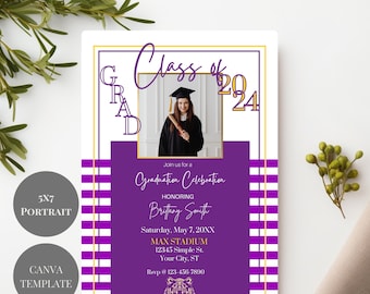 LSU Purple and Gold Stripe Grad Announcement, High School or College Graduation Invite, 2-sided Photo Grad Invitation, Editable Logos/Images