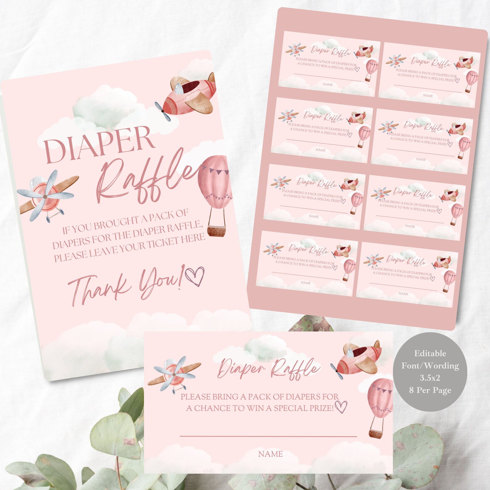 Pink Airplane Diaper Raffle Ticket Insert: Baby Shower Game (digital ...